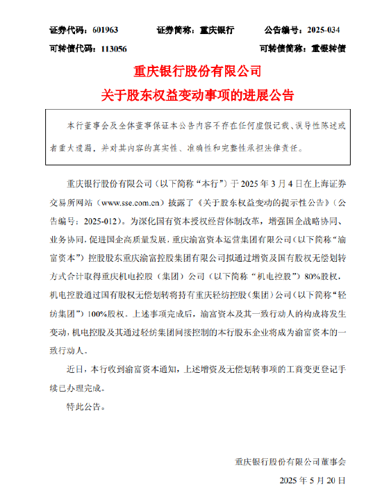 重庆银行:股东权益变动相关工商变更登记手续完成