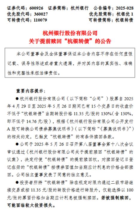 触发赎回条件,杭州银行提前赎回“杭银转债”