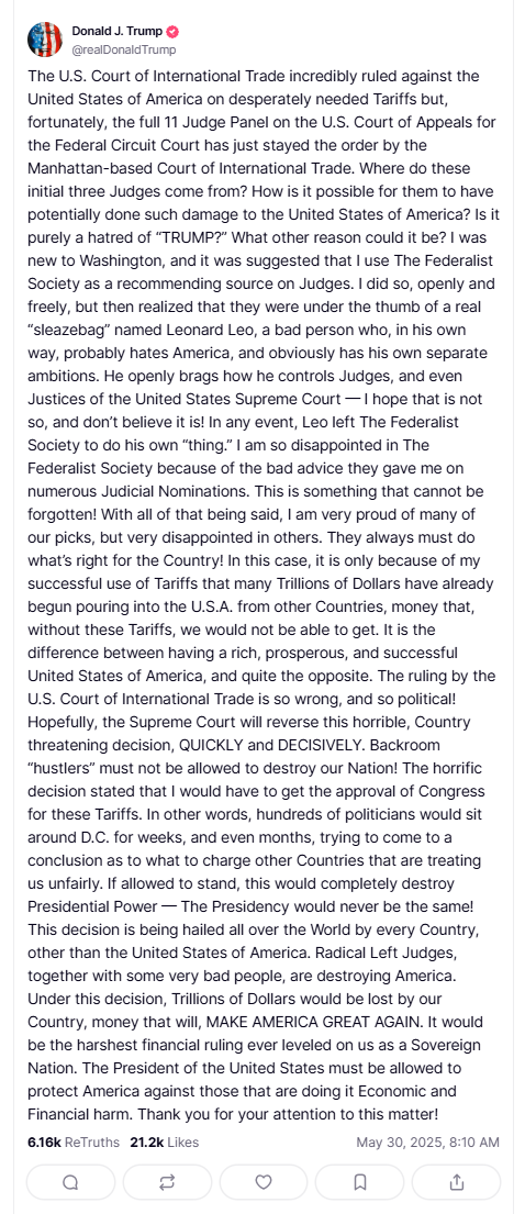 美政府关税措施被叫停后，特朗普首次发长文回应！