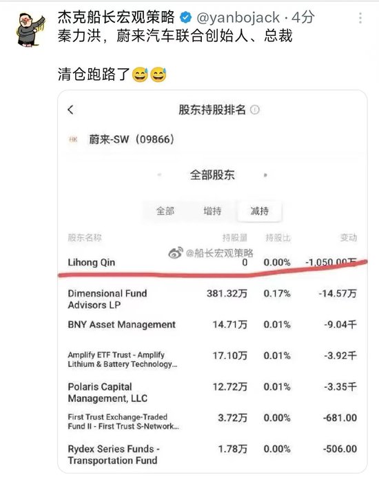蔚来汽车:一季报资不抵债,另网传总裁秦力洪清仓!蔚来法务部回应