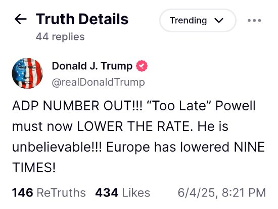 美国“小非农”远低于预期 特朗普再喊话:必须降息