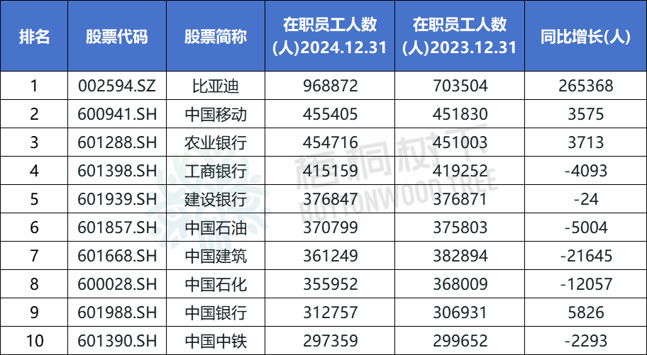 A股公司员工人数排名,比亚迪最多,96.89万人,最少仅18人