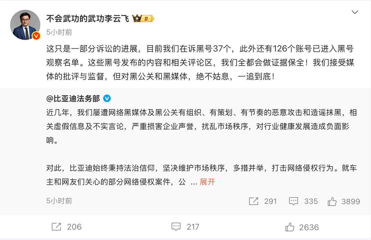 比亚迪李云飞回应黑公关:在诉黑号37个,观察126个
