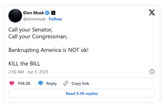 马斯克再度炮轰特朗普 “大而美法案”：将使美国背上沉重债务负担！