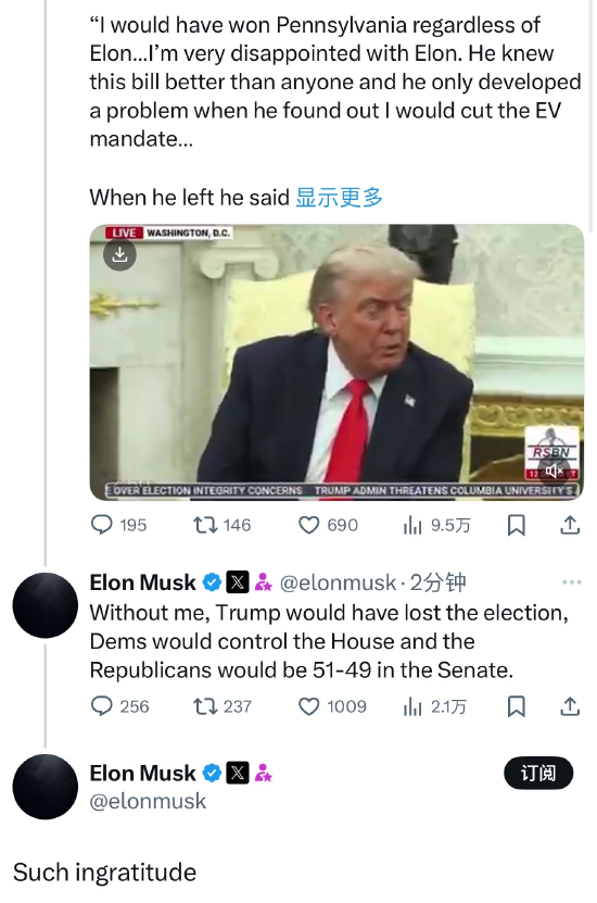 法案口水战升级为利益博弈 特朗普-马斯克“兄弟情”破碎 特斯拉暴跌带崩科技股