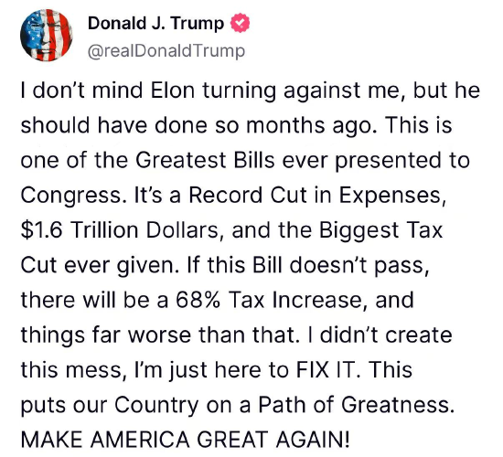 法案口水战升级为利益博弈 特朗普-马斯克“兄弟情”破碎 特斯拉暴跌带崩科技股