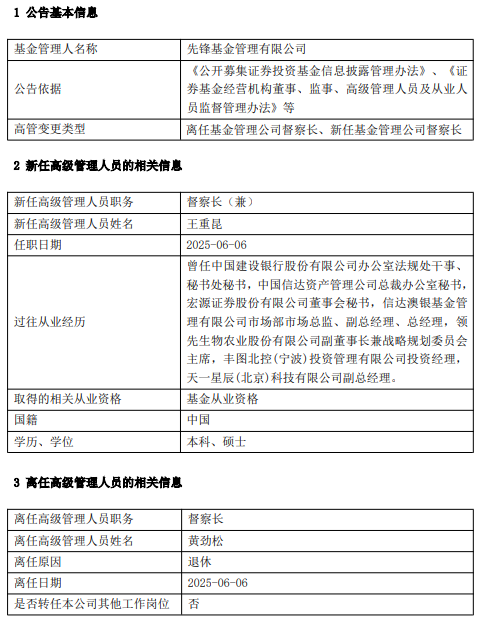 先锋基金高管变更：黄劲松退休离任 董事长兼任督察长职务