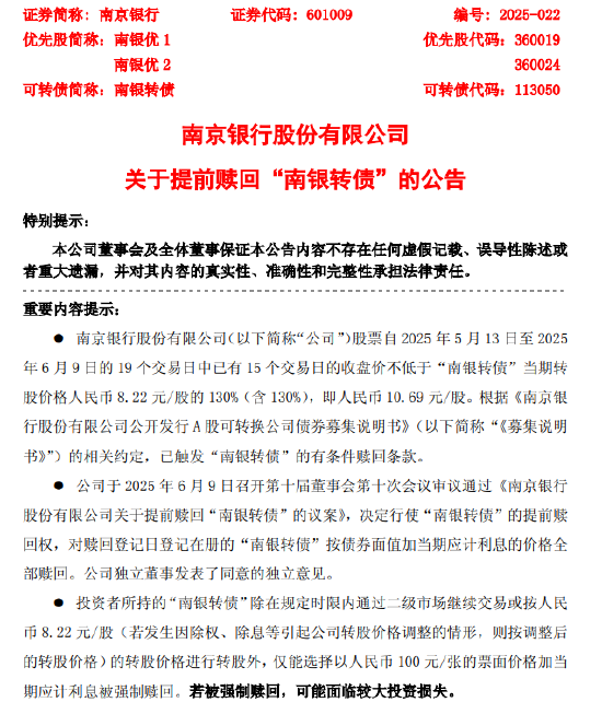 南京银行：提前赎回“南银转债”