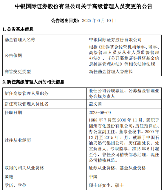 中银国际证券新任盖文国为基金管理人督察长
