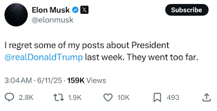 马斯克：对自己针对特朗普的部分言论感到后悔