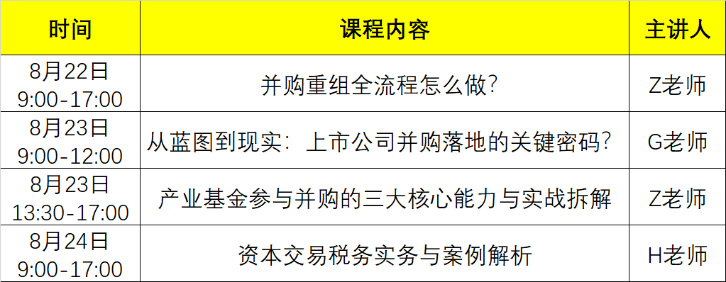 【3天大课】8月22-24日，并购六条大机遇：并购全流程、架构设计、并购基金、税务处理、董秘分享，干货满满！（上海站）