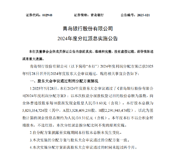 青岛银行:2024年度分红拟每10股派发现金股息人民币1.60元