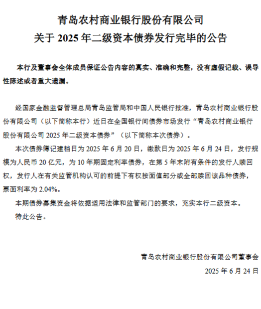 青农商行:2025年二级资本债券发行完毕