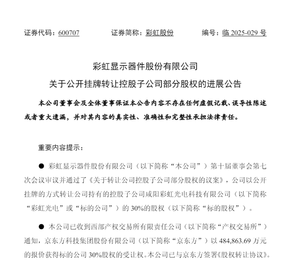48.49亿元！京东方A、彩虹股份“牵手”