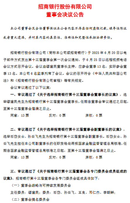 招商银行：选举石岱、孙云飞为副董事长