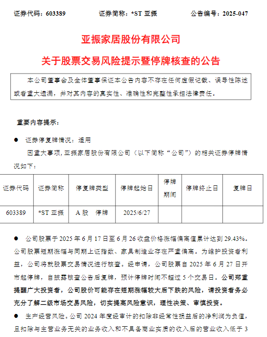 2个月大涨144%!濒临退市的*ST亚振月内两次停牌核查