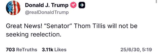 特朗普对汤姆・蒂利斯参议员不寻求连任的决定表示欢迎