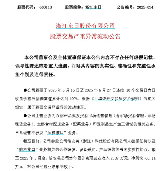 脑机接口概念股狂飙 浙江东日实际主营业务是管菜市场和卖豆腐!盲目概念炒作当休矣