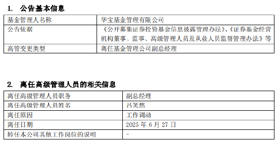 华宝基金副总经理吕笑然因工作调动离任