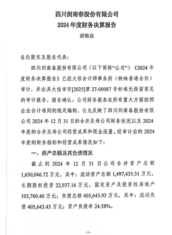 剑南春股份营收106.6亿，2024年度大手笔分红35亿