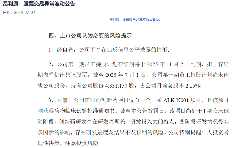 股价创历史新高！一款I期创新药，昂利康增加50亿市值
