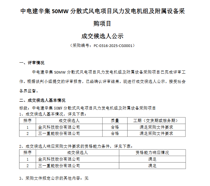 1540MW风电项目开标，运达股份、金风科技、明阳智能、三一重能中标