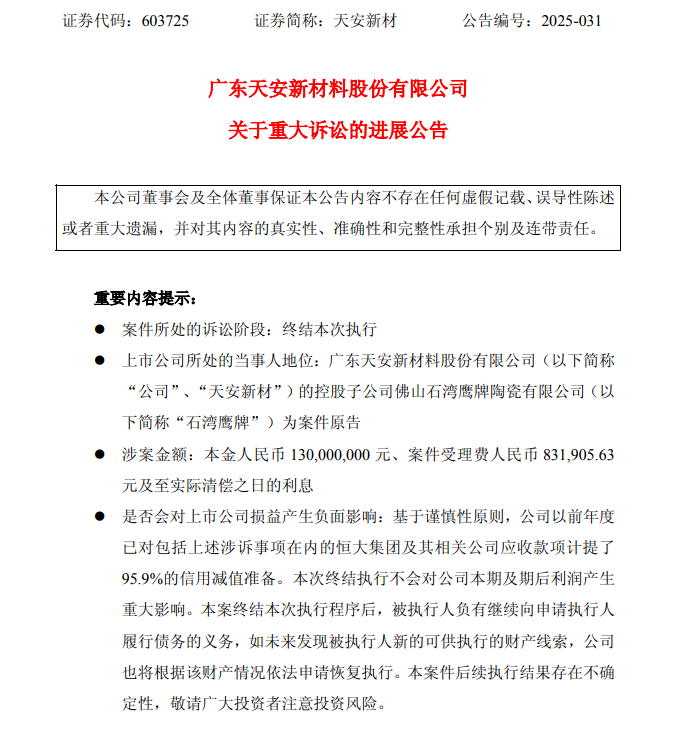 涉案金额1.3亿元，一陶瓷企业诉恒大案“终结执行”