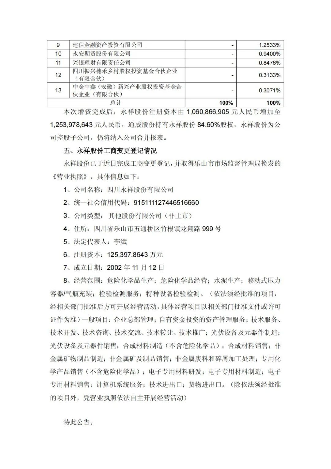 增资49亿!通威子公司永祥股份新增11家股东