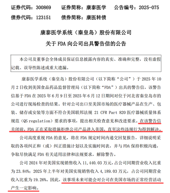 突发!康泰医学被FDA警告!可能会影响业绩!