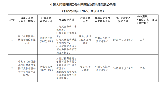 浙江松阳恒通村镇银行被罚122.6万元：违反金融统计管理规定等