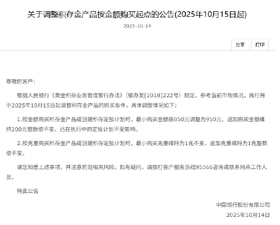 中国银行：10月15日起调整积存金产品按金额购买起点