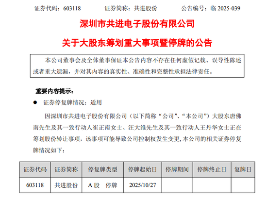 筹划重大事项!603118,停牌!控制权或变更