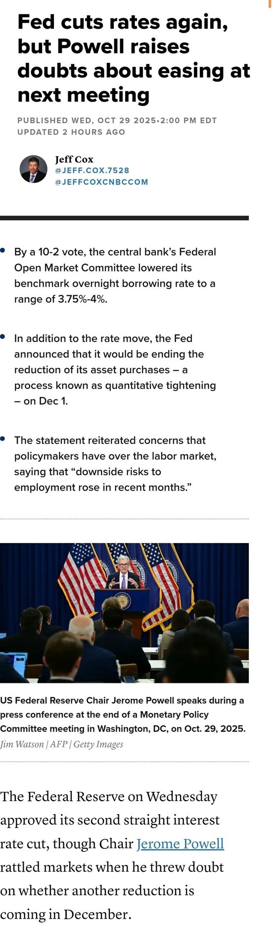 美联储再次降息，但鲍威尔对下次会议继续宽松表示怀疑