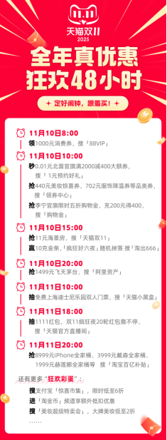88VIP无门槛9折消费券即领即用，全年真优惠！天猫双11“狂欢48小时”