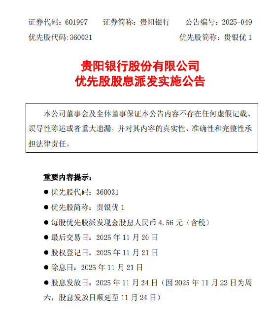 贵阳银行：“贵银优1”优先股派发股息 每股含税4.56元