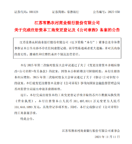 常熟银行：完成注册资本工商变更登记 注册资本增至约33.16亿元