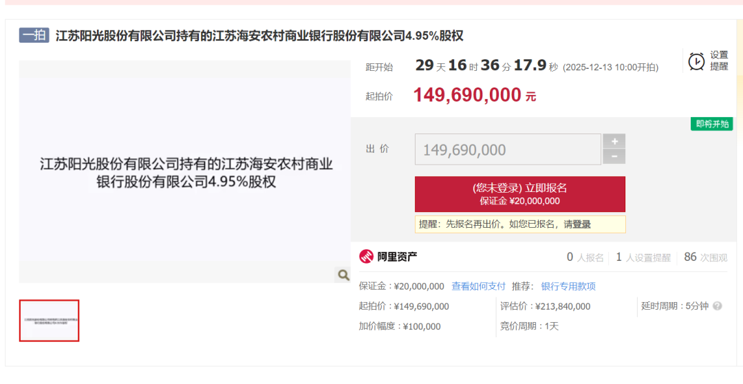 【快讯】起拍价近1.5亿元！江苏海安农商行4.95%股权将被司法拍卖