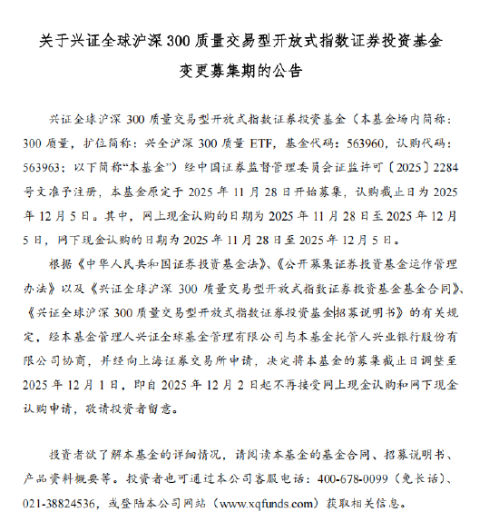 兴证全球沪深300质量ETF提前结募，募集结束日期从12月5日变更至12月1日，兴业证券今日销量突破8亿元