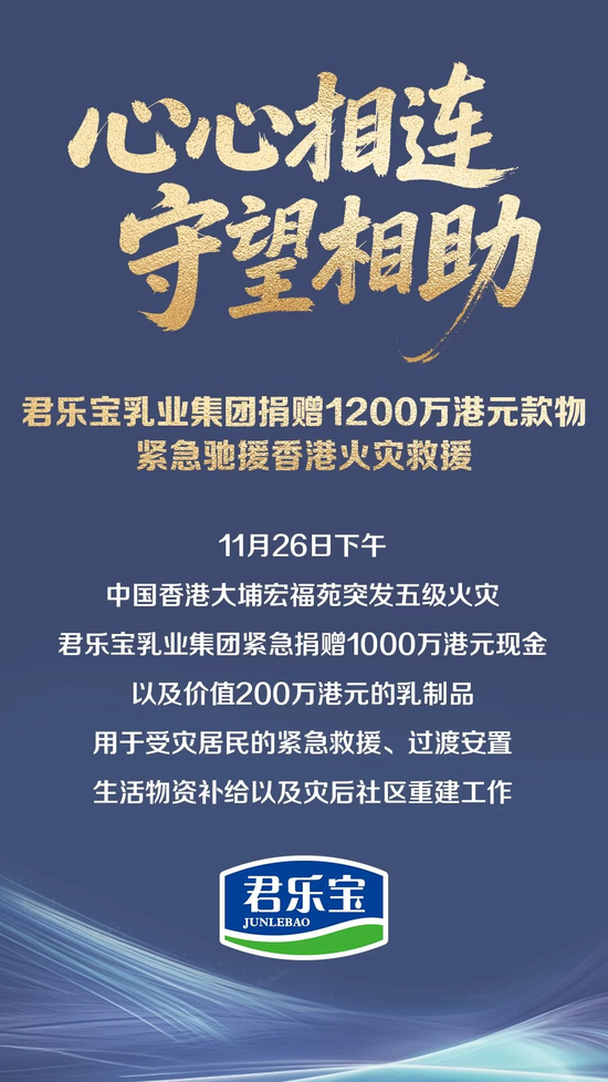 君乐宝集团捐赠1200万港元款物，支援香港救灾