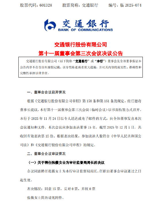 交通银行：同意聘任张薇为审计监督局局长